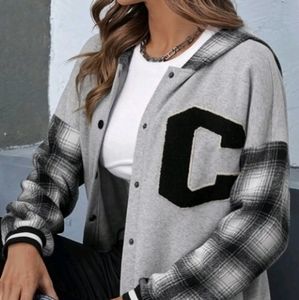 Plaid panel letter patched striped trim drop shoulder hoodie